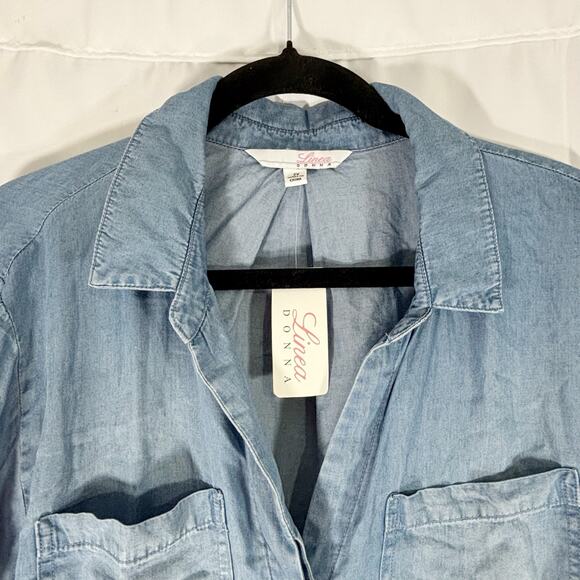 Linea Donna Women’s Blue Chambray Button-Down Shirt 2X, Raw Hem, 2 Front Pockets - Picture 3 of 6